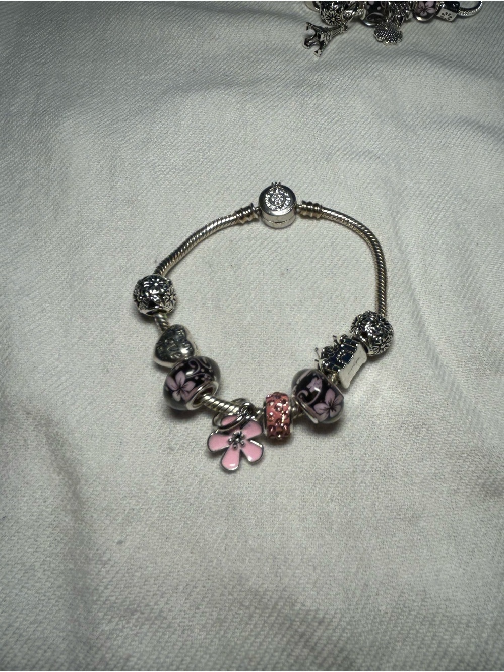 Pandora Silver Bracelet with Pink Flower Charms